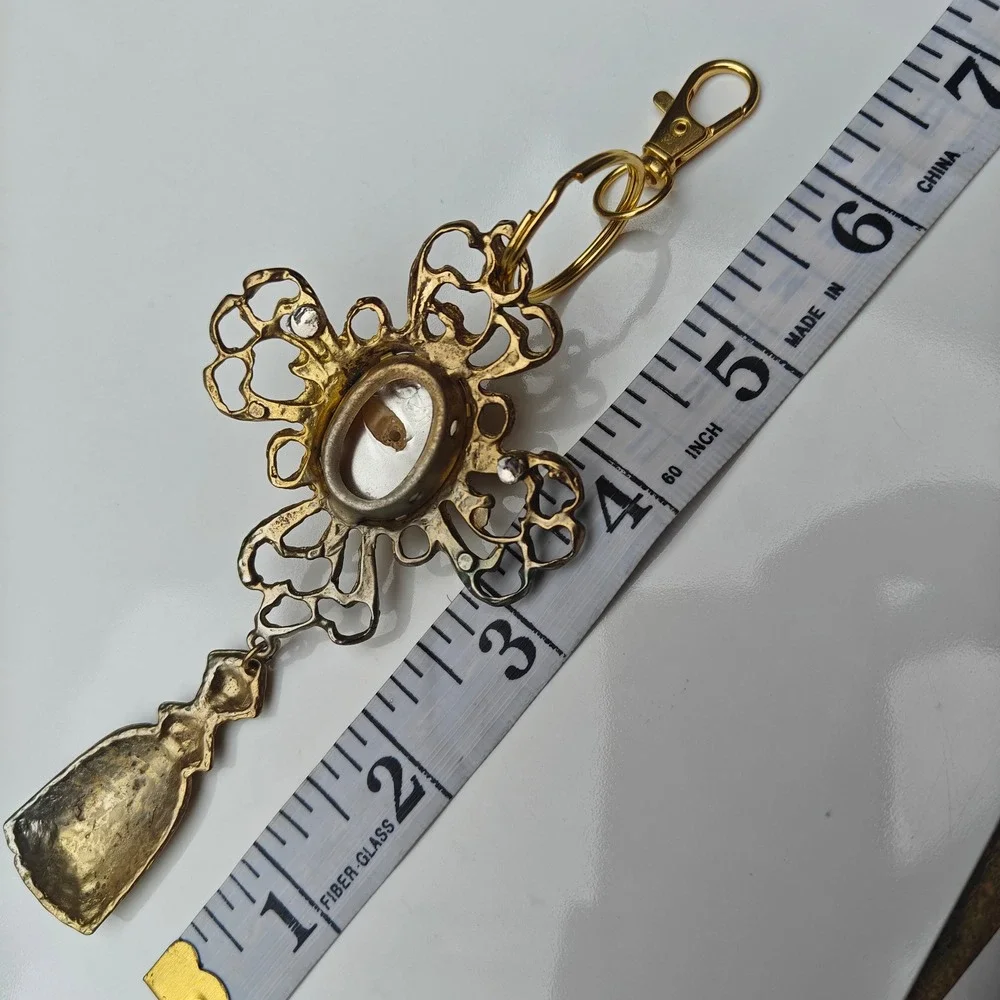 Gold Tone Ornate Filigree Cross Tassel Keychain Faux Pearl Bag Charm Gothic